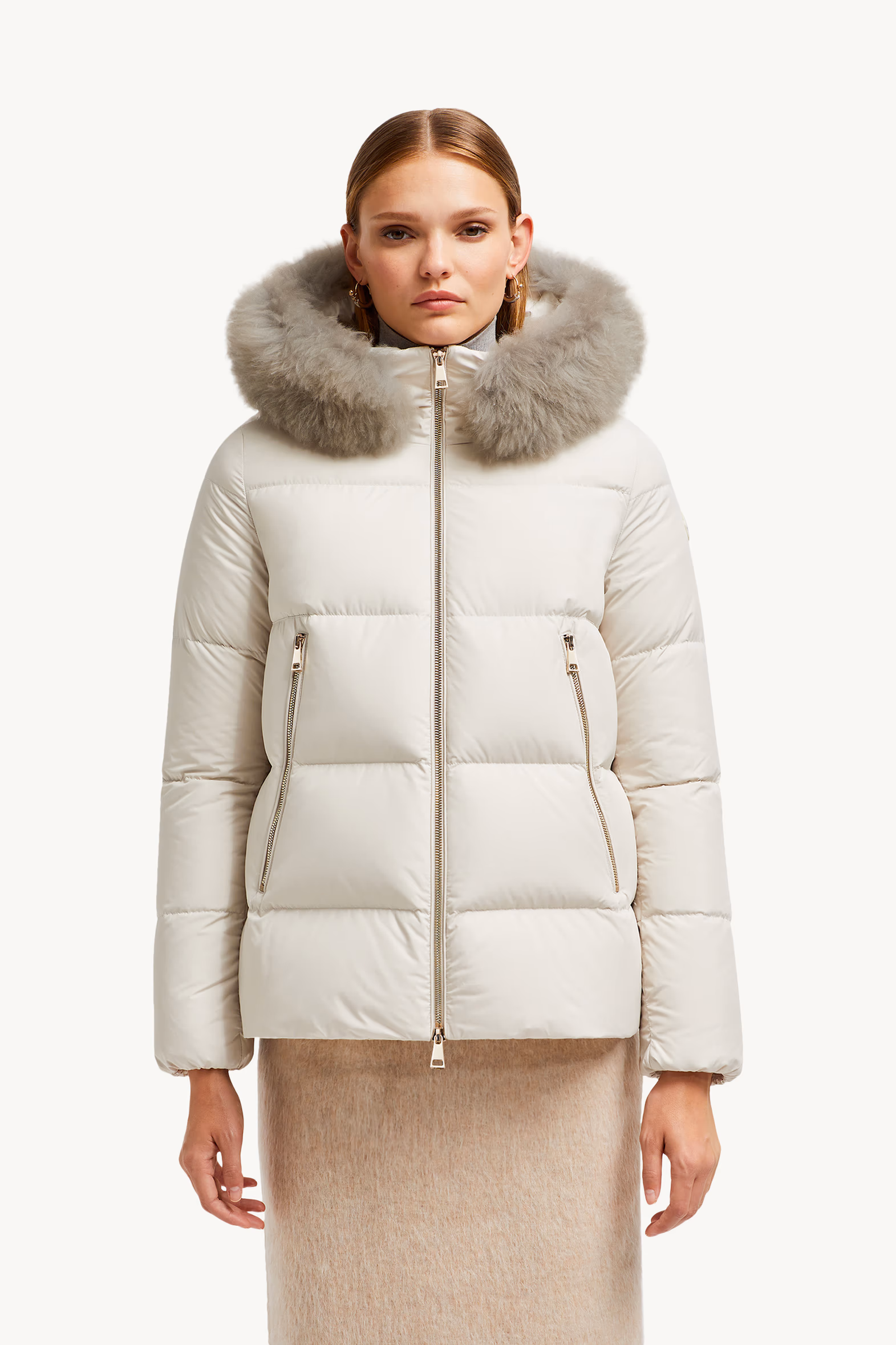 Laichefur Hooded Shearling-Trimmed Short Down Jacket Women White Moncler 3